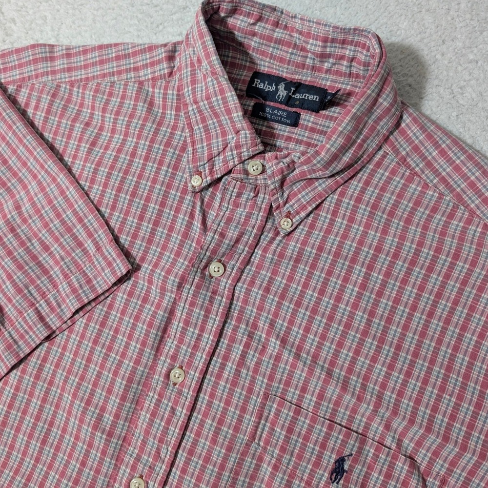 Ralph Lauren Button Down Shirt Mens L Red Plaid Blaire Short Sleeve Cotton